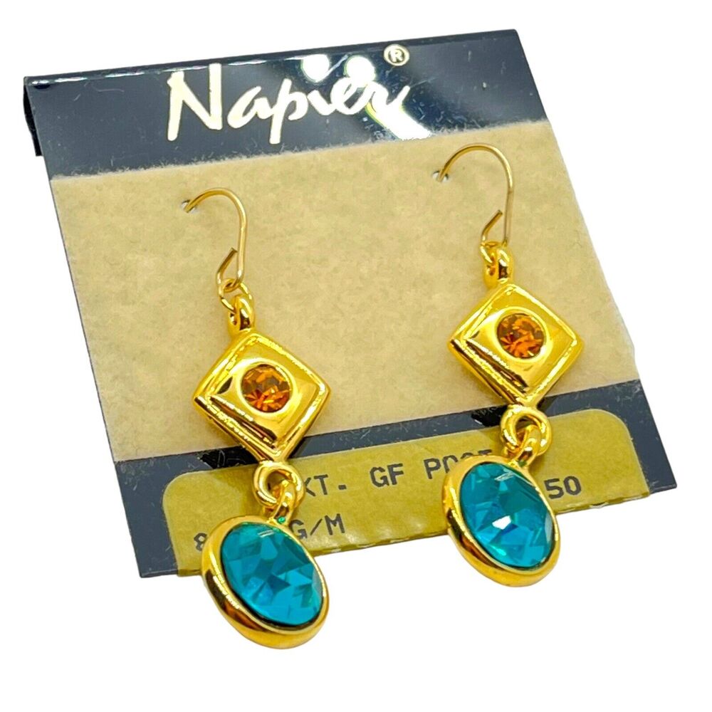 Napier Dangle Earrings Gold Tone Vintage On Card Gold Filled Posts Blue Orange